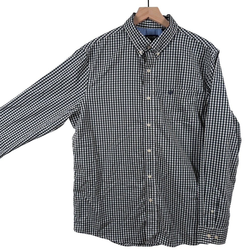 Chaps Stretch Easy Care Button Down Shirt Men Large Navy Blue Gingham Check